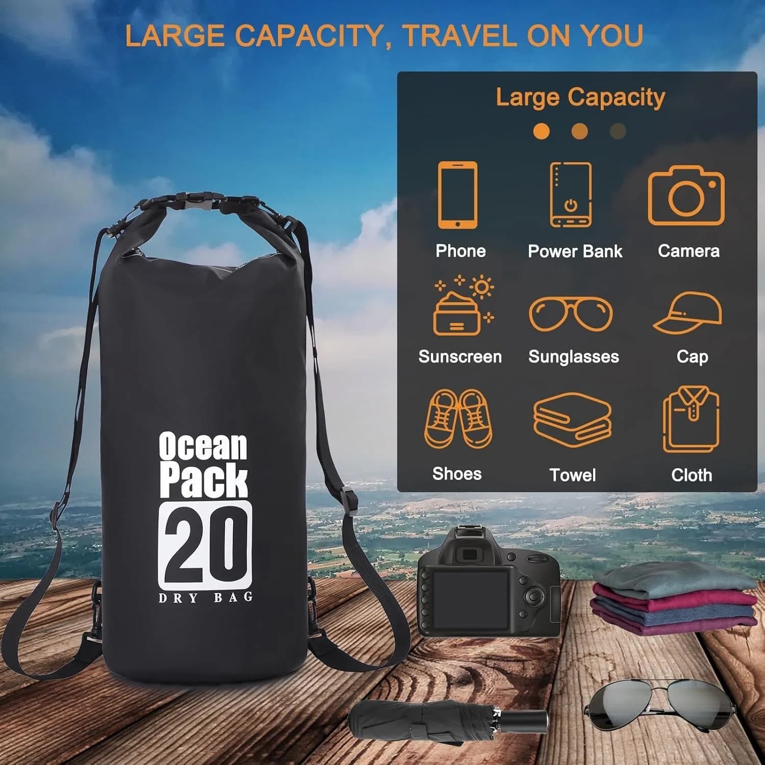 Dry Bag Waterproof, 20L Dry Sack with Adjustable Shoulder Strap and Phone Pouch
