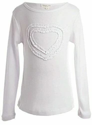 Girls' Heart-Shaped Long Sleeve T-Shirt, White, Size 10-12