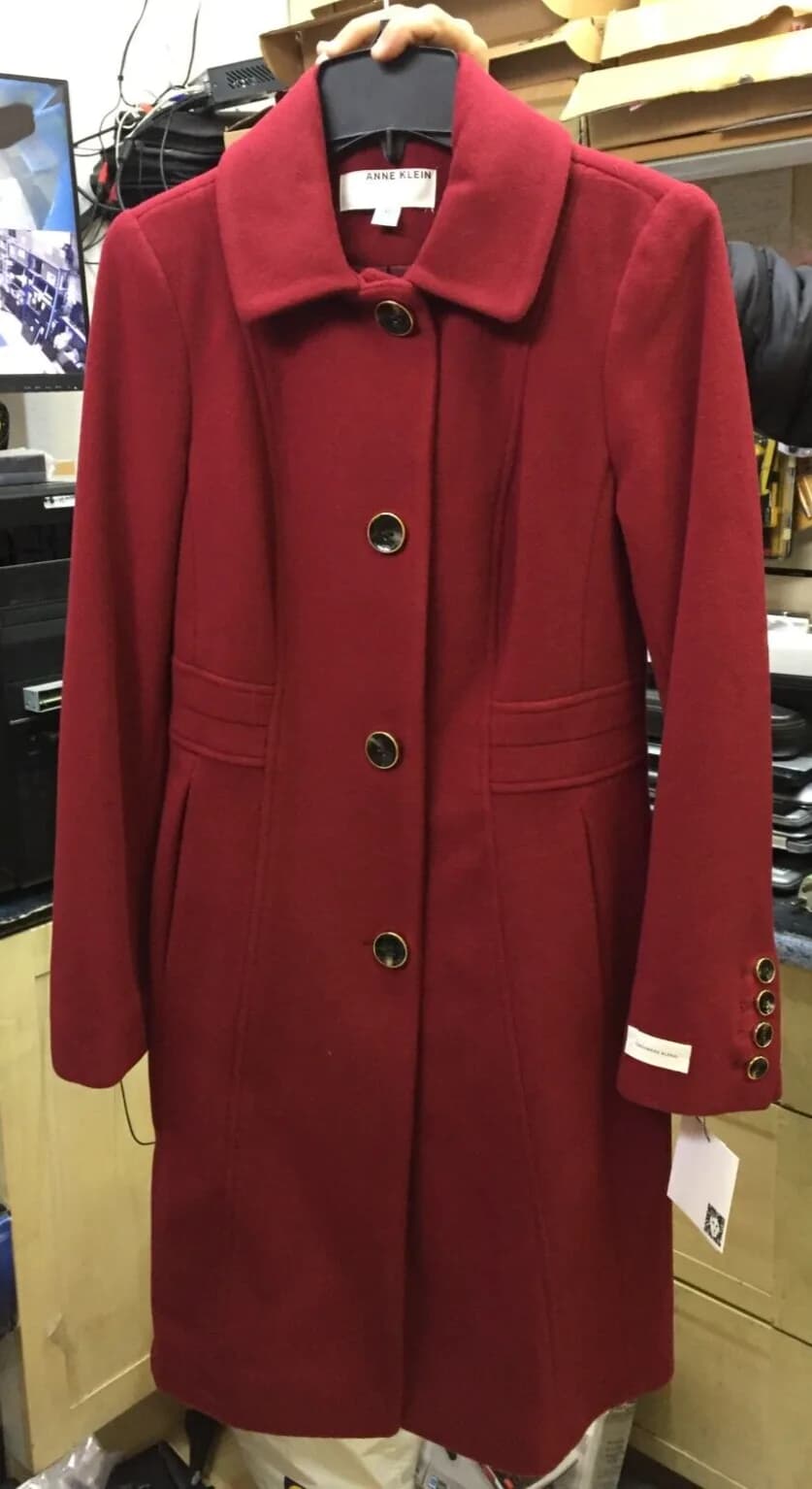 ANNE KLEIN WOMEN'S SINGLE-BREASTED CLUB-COLLAR COAT RED/MAROON UK SIZE 4