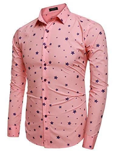 Coofandy Mens Slim Fit Turn Down Collar Long Sleeve Star Print Pink Shirt 3XL