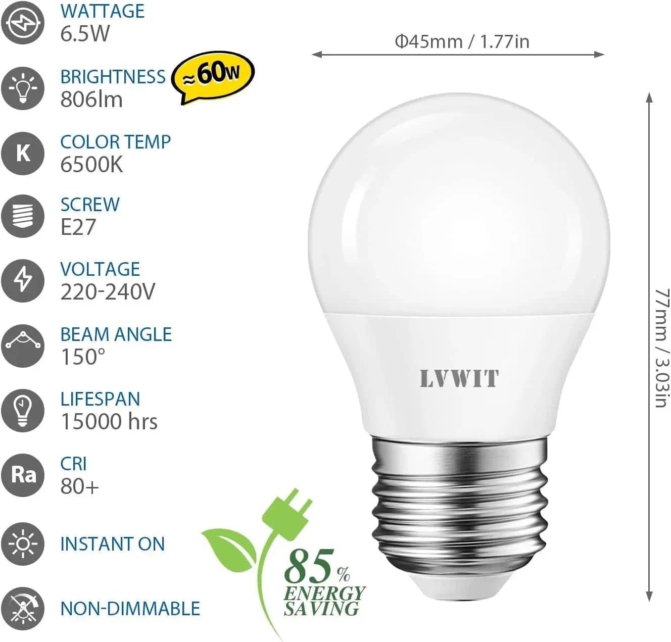 LED Golf Ball Bulb 6.5W E27, 806 LM, Daylight White 6 Pack