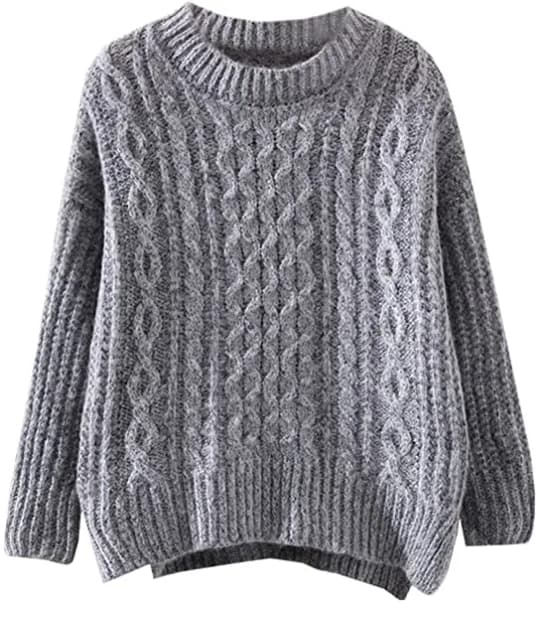 Futurino Women's Autumn/Winter Drop Sleeve Cropped Side Split Cable Knit Sweater