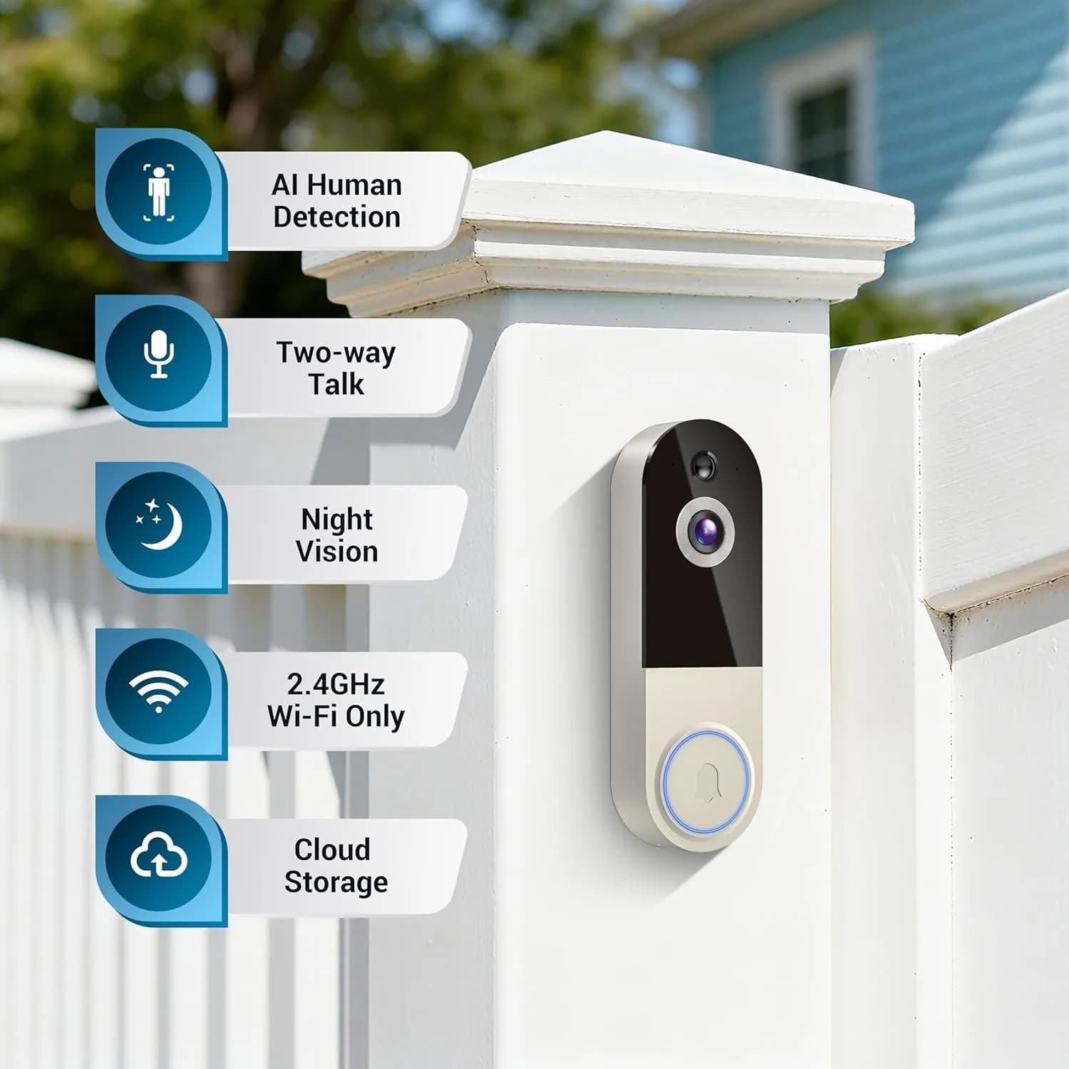 1080P Wireless Video Doorbell Camera, AI Human Detection, Night Vision, 2-Way Au