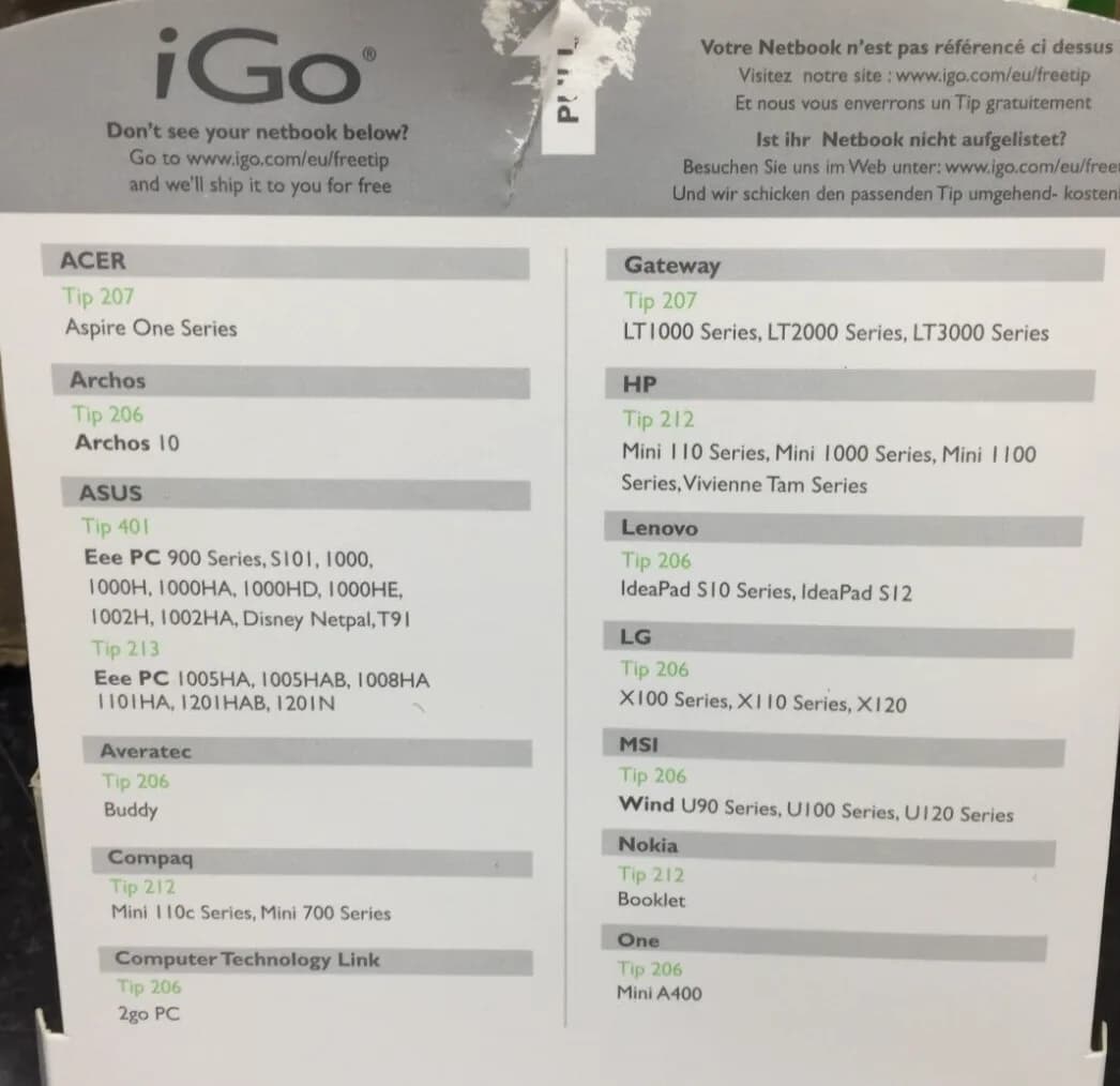 iGo Netbook Travel Charger 40w Eu & UK Acer Asus HP Lenovo Samsung Toshiba +++
