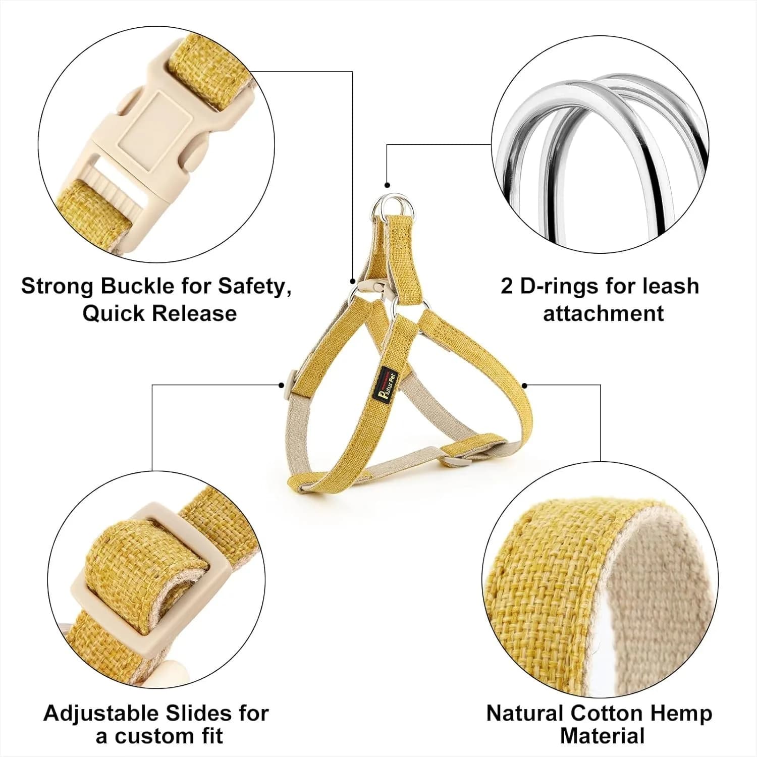 Plutus Pet Cotton Hemp Step In Dog Harness, Sustainable, yellow M