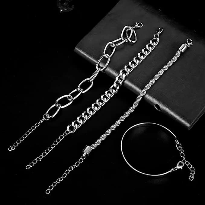 ASTER Silver Chain Bracelet Sets for Women Girls Fashion Beaded Chunky Flat