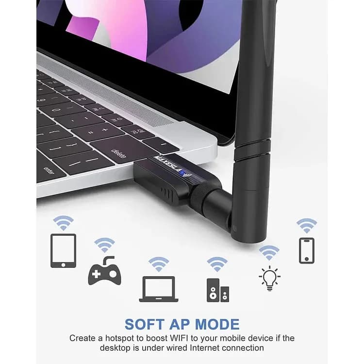 Maxesla 1200MBPS High Speed WIFI Adapter USB Dongle 5G High Gain Antenna Dual Ba