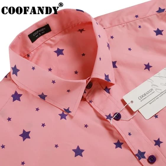 Coofandy Mens Slim Fit Turn Down Collar Long Sleeve Star Print Pink Shirt 3XL