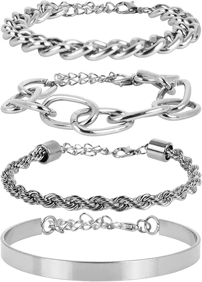 ASTER Silver Chain Bracelet Sets for Women Girls Fashion Beaded Chunky Flat