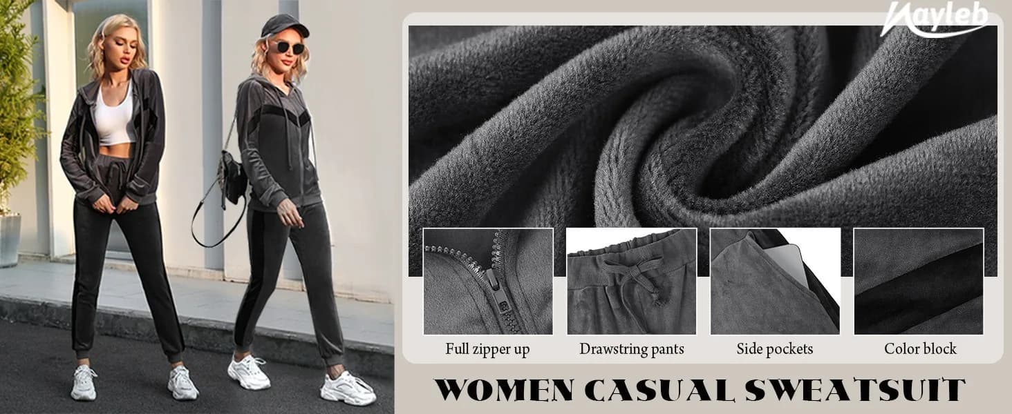 Wayleb Tracksuit Full Set Women Velour Long Sleeve Velvet Sweatsuit Zip up Small