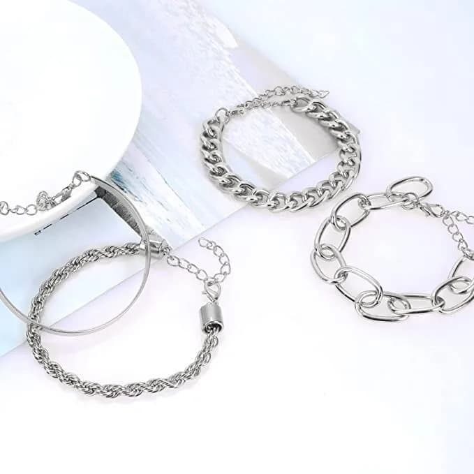 ASTER Silver Chain Bracelet Sets for Women Girls Fashion Beaded Chunky Flat