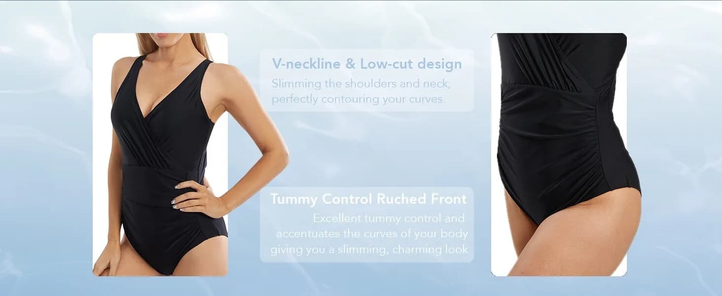 JOYSPELS Womens Swimsuit Tummy Control V Neck One Piece Bathing Suit High Waist