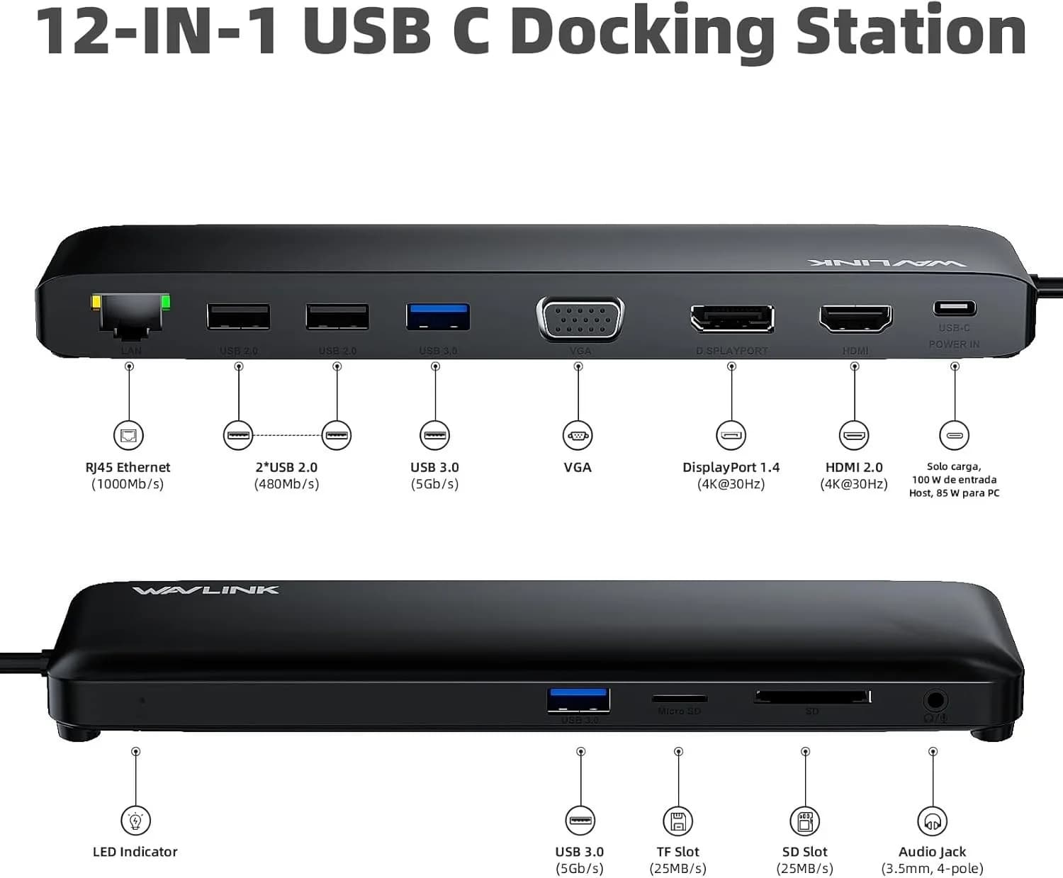 WAVLINK USB C Docking Station 3 Monitors, Docking Station with HDMI, DP, VGA, 10