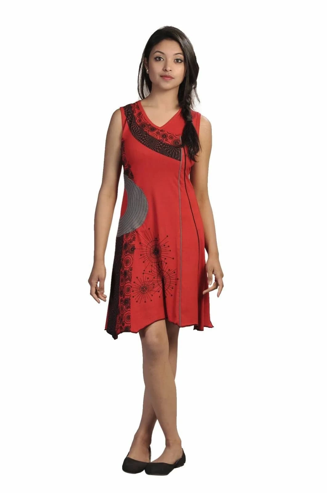 TATTOPANI WOMEN SUMMER SLEEVELESS V-NECK DRESS WITH COLORFUL PRINTS L