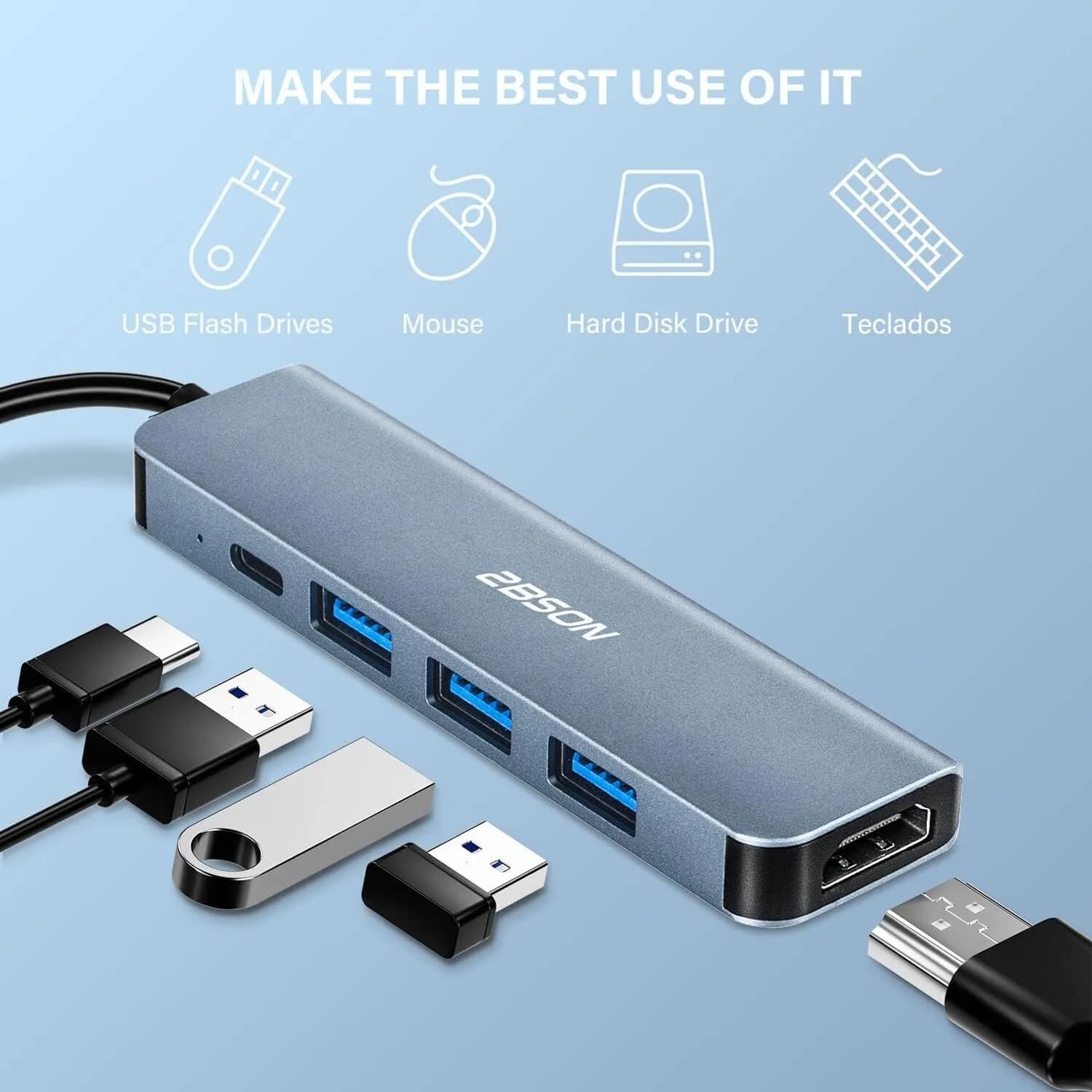 2BSON USB C Hub Adapter 5 in 1 with PD 100W, 4K HDMI 1 USB-A 3.0 2 USB-C 2.0