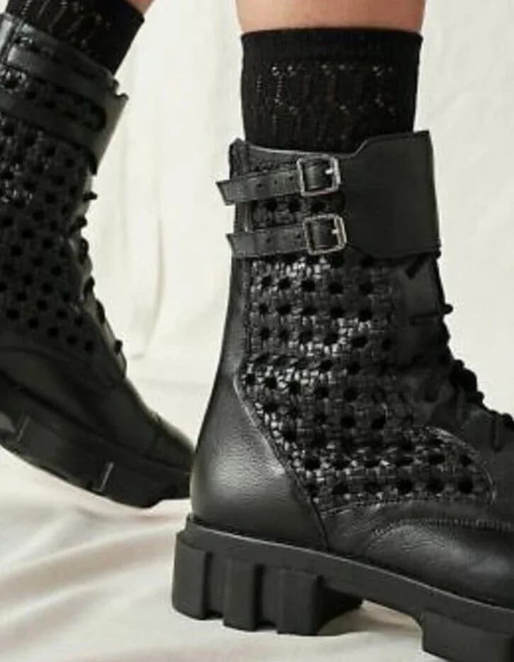 Free People Boots Asher Ankle Black Leather Weaved Side Combat Moto 39 /6 NEW