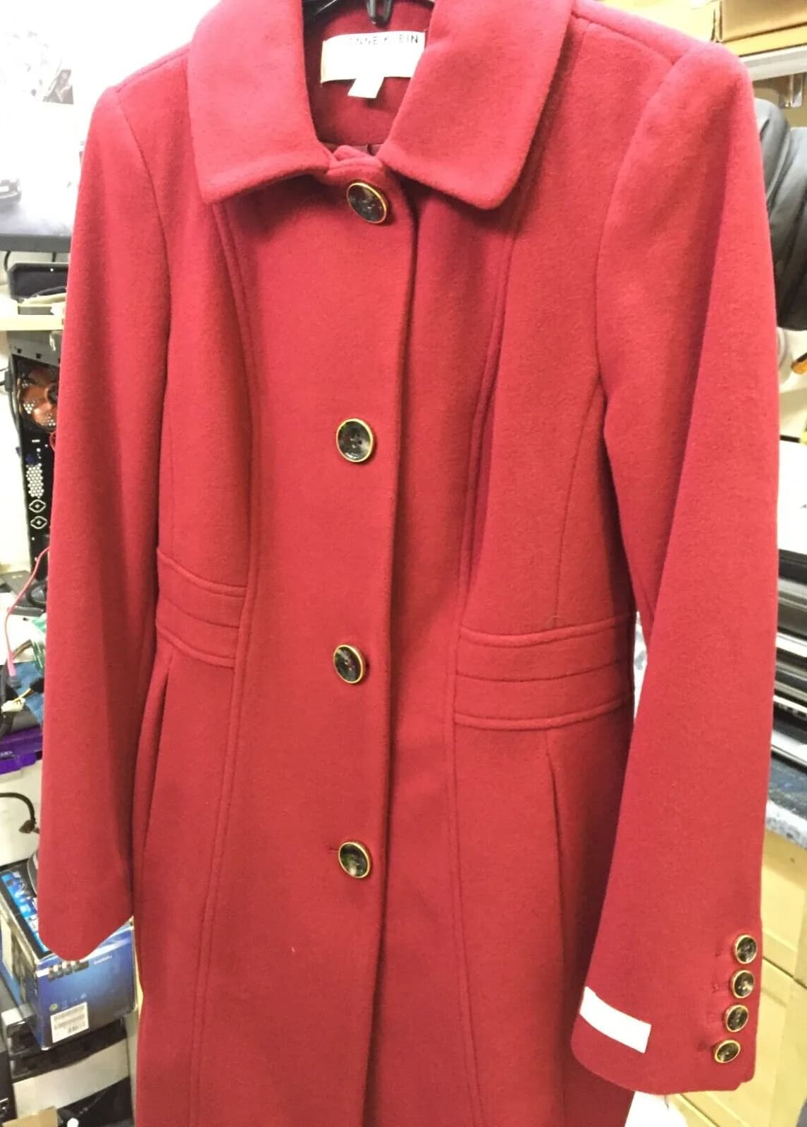 ANNE KLEIN WOMEN'S SINGLE-BREASTED CLUB-COLLAR COAT RED/MAROON UK SIZE 4