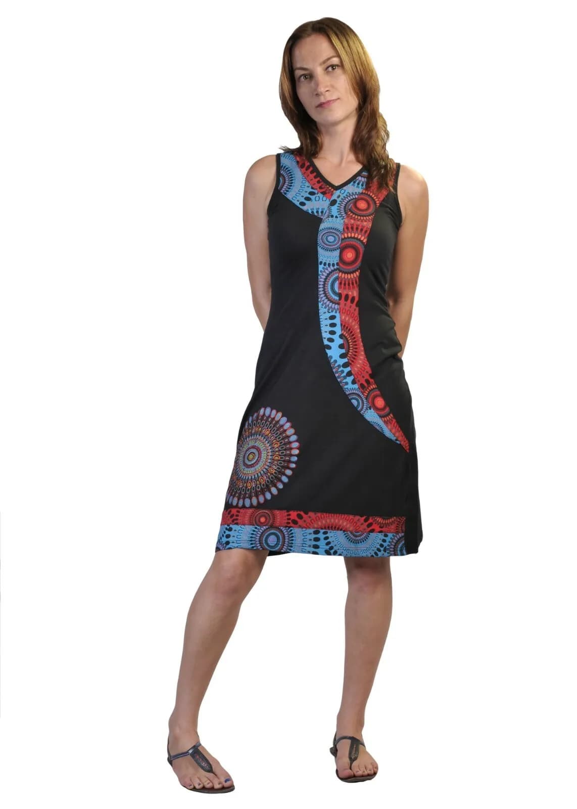TATTOPANI WOMEN SUMMER SLEEVELESS V-NECK DRESS WITH COLORFUL PRINTS S