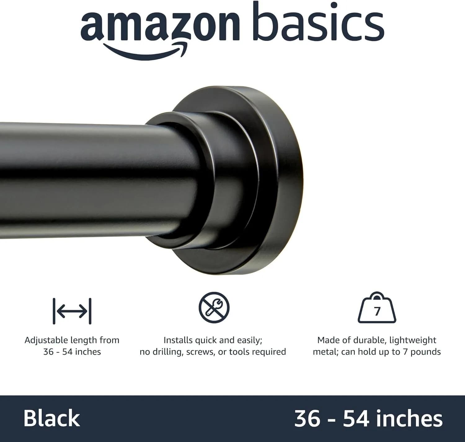 Amazon Basics Adjustable Indoor/Outdoor Tension Curtain Rod 91.4 to 137cm Black