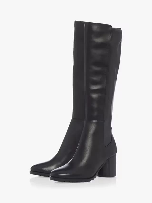 Dune Titain Leather Stretch Cleated Knee High Block Heel Boots, Black 7 40