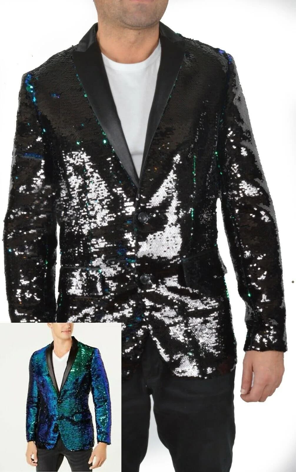 INC International Party DJ Teal Combo Black sequin jacket MEN'S XXL