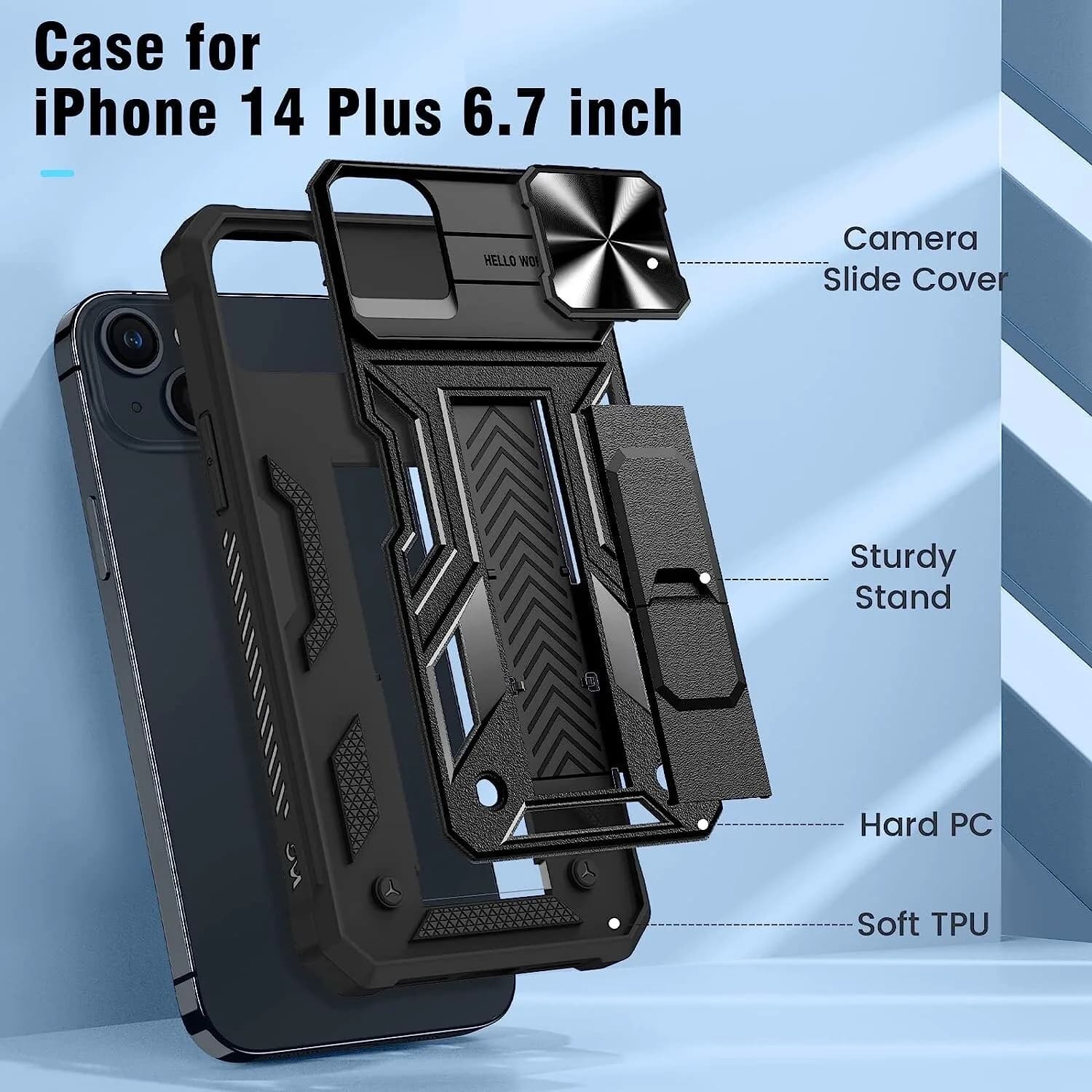 Shockproof Rugged Case For iPhone 14 Plus 6.7" Black slide Camera Cover Kickstan