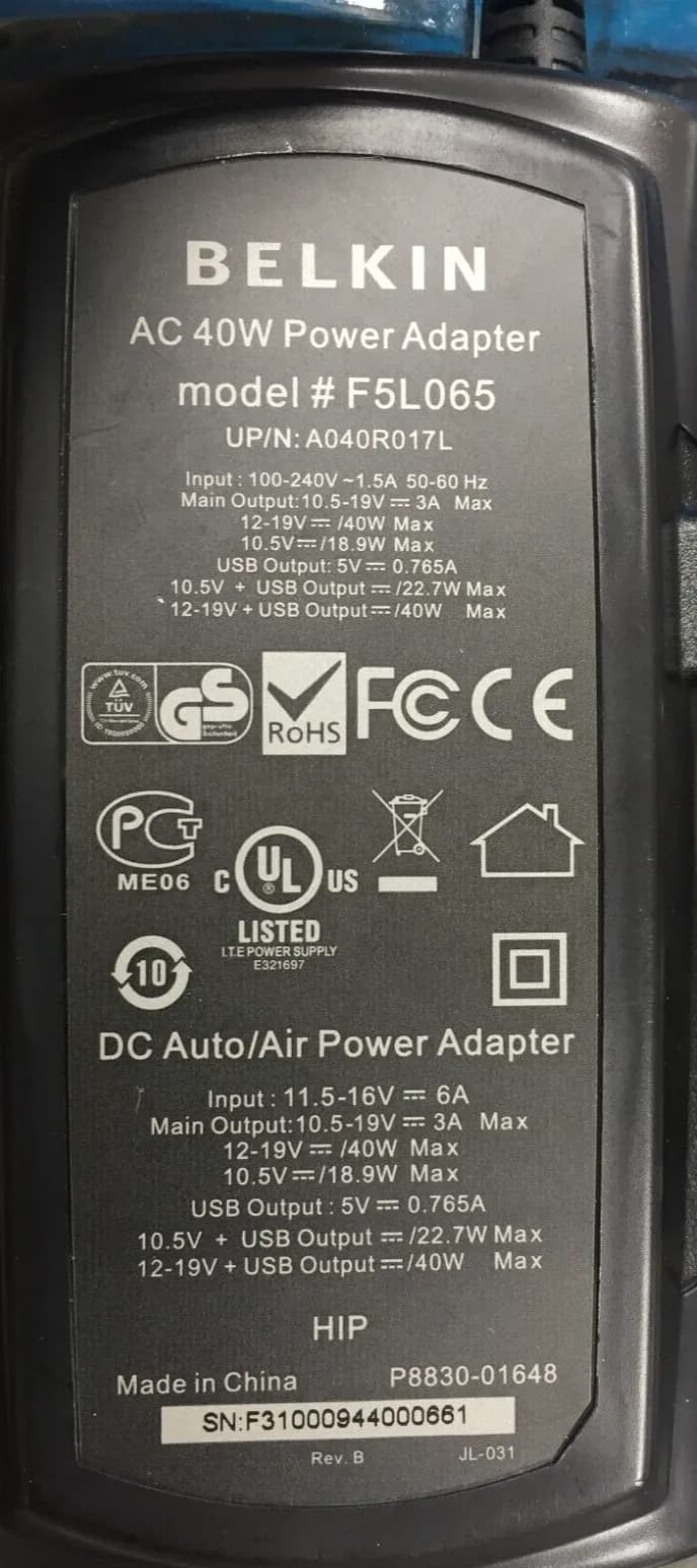 Belkin 40W AC DC Travel Netbook Power Adapter Car Plane Home ASUS Acer Toshiba