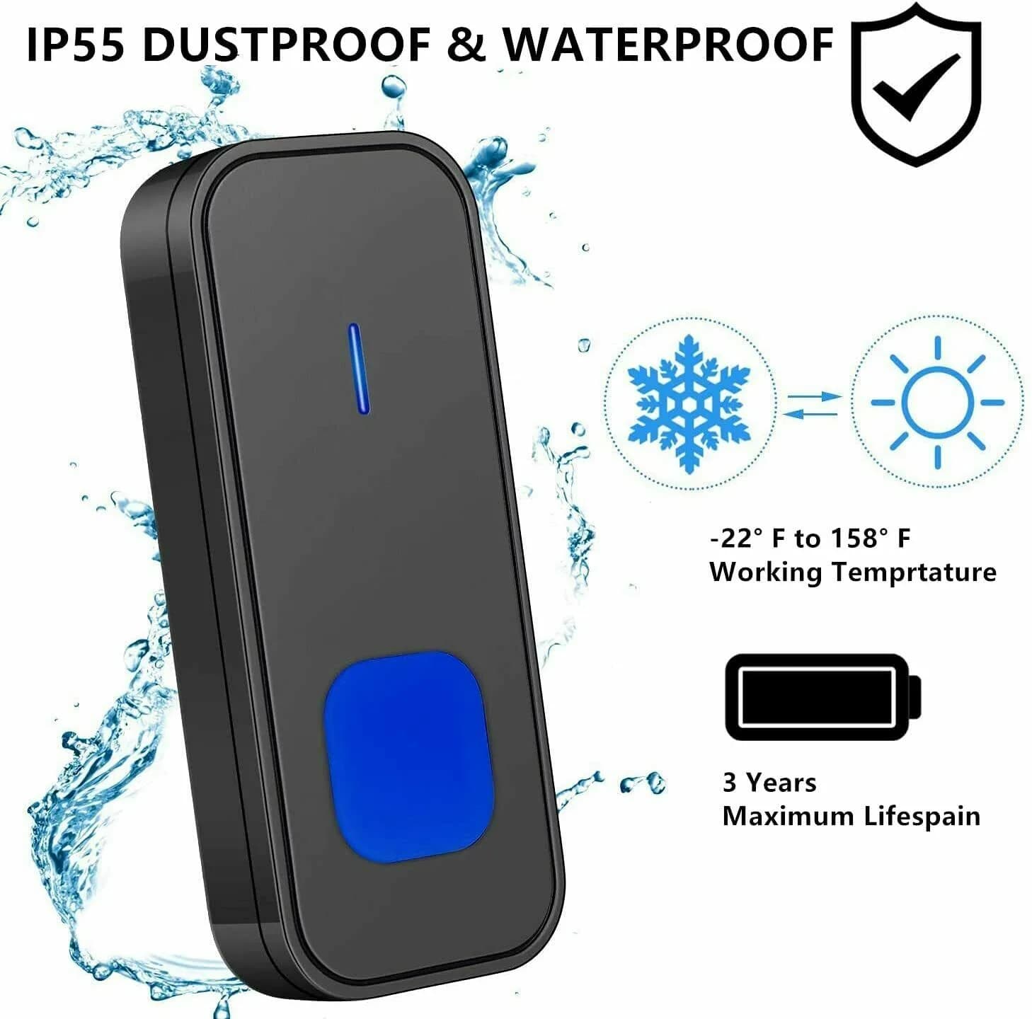 New Wireless Doorbell 1000ft Range with 55 Chimes, 5-Level Volume, LED IP55
