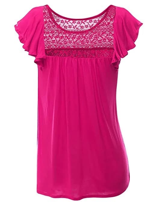 Doublju Womens Round Neck Ruffle Cap Sleeve Loose Fit Top Lace Detail fuchsia