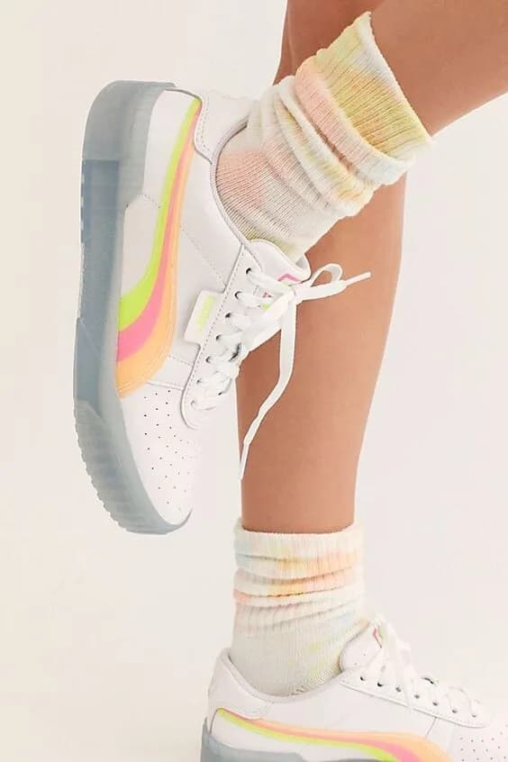 Women's Puma Cali Neon Ice white rainbow striped lace-up sneakers Rare White