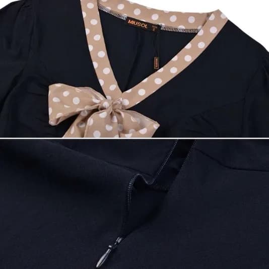 Miusol Navy Blue and Beige Polka Dot Collar Work/Office Dress