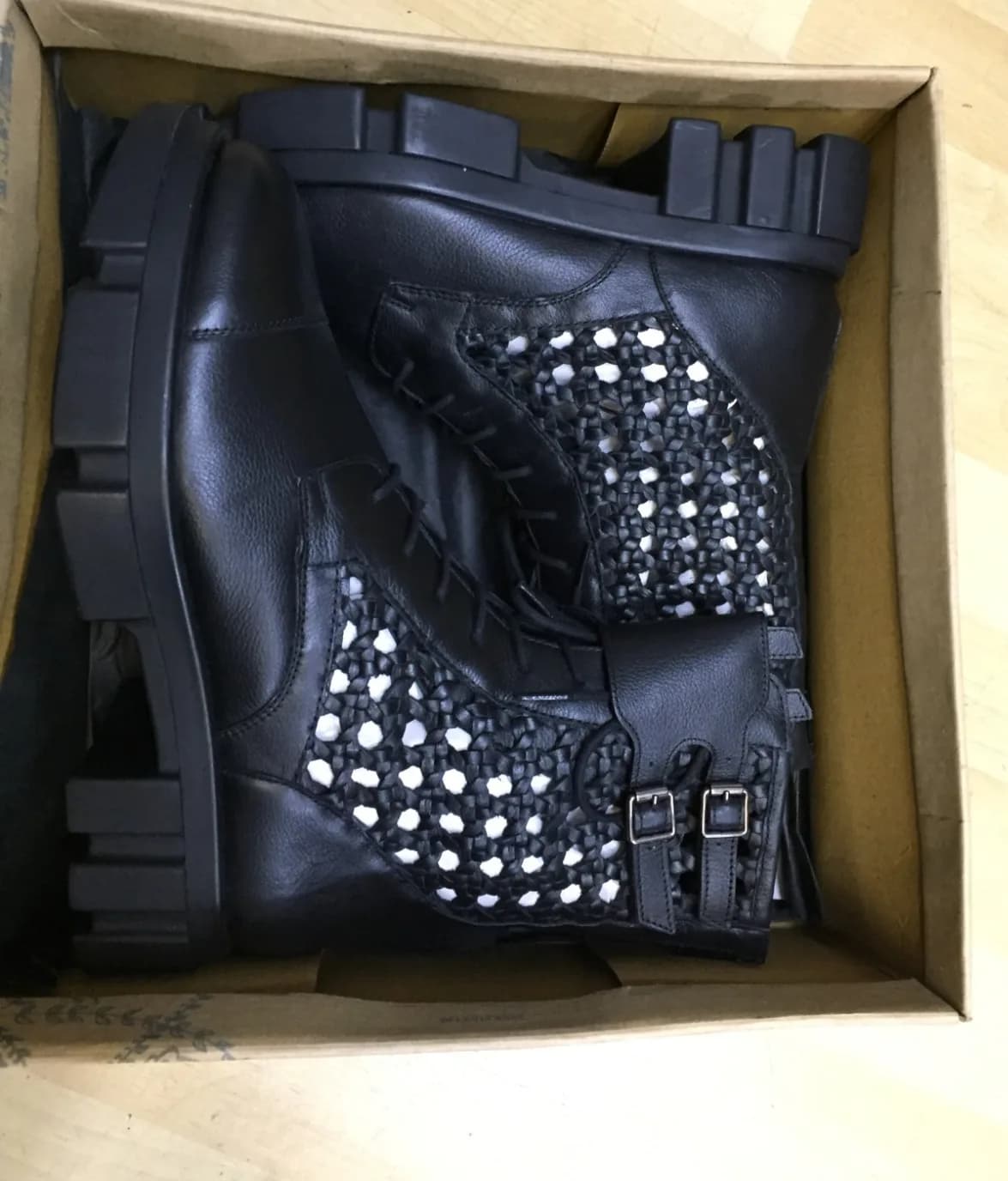 Free People Boots Asher Ankle Black Leather Weaved Side Combat Moto 39 /6 NEW