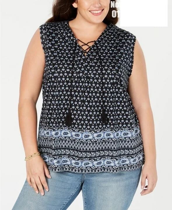 Style & Co Plus Size Printed Lace-Up Sleeveless Top Navy Blue