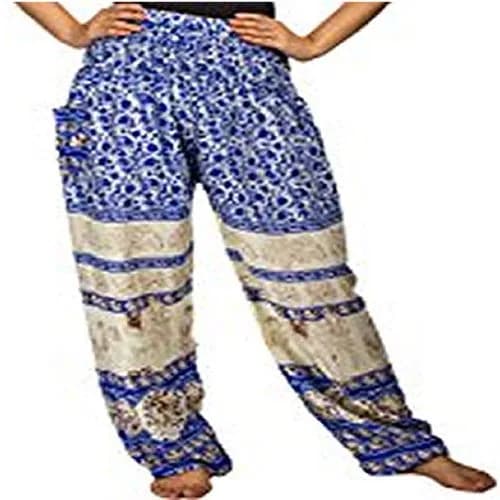 Lofbaz Womens Floral Boho Hippy Thai Drawstring Harem Pants Regular Blue