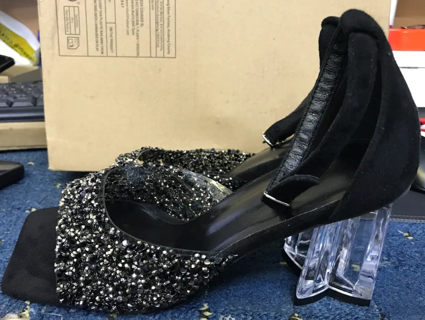 Women's Black Diamanté Heeled Sandals UK Size 4 Party Evening Clear Heel