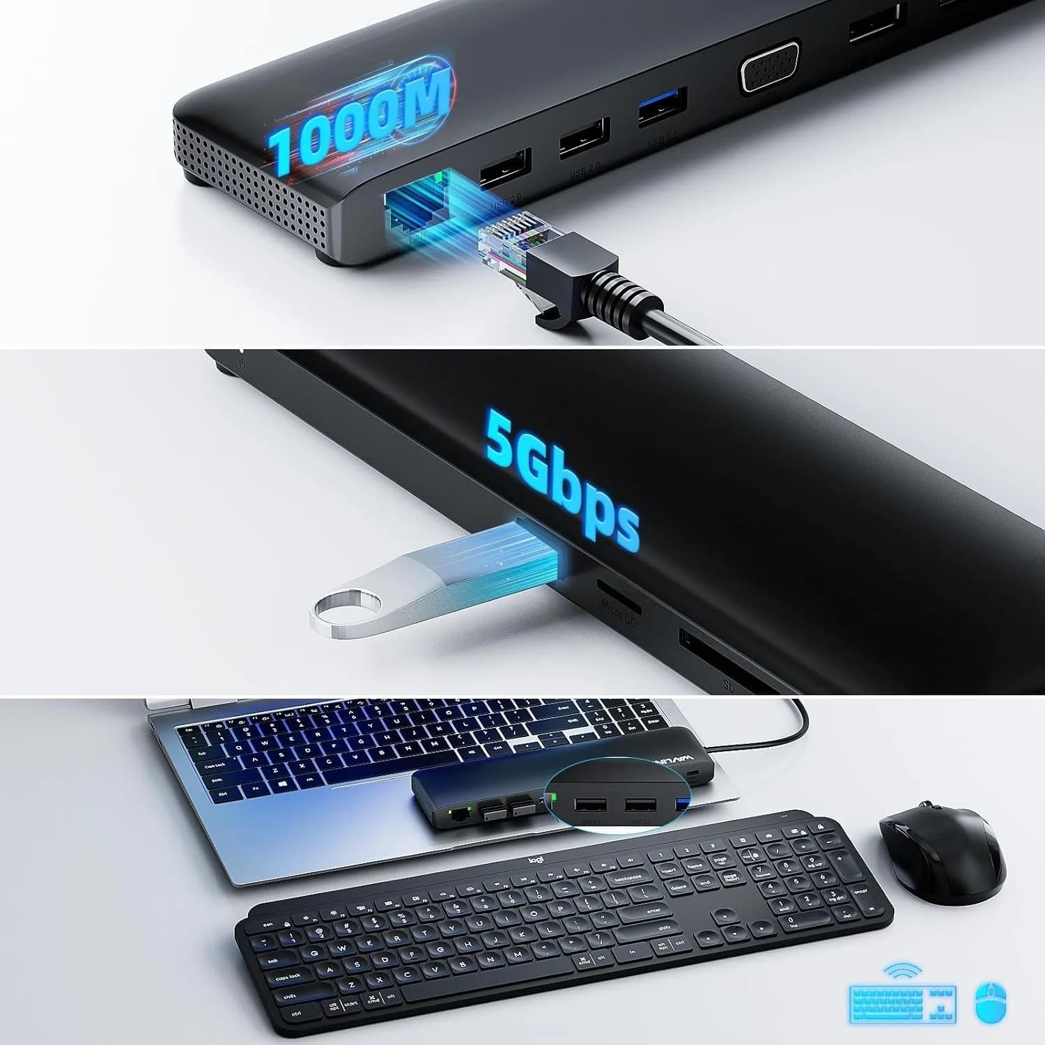 WAVLINK USB C Docking Station 3 Monitors, Docking Station with HDMI, DP, VGA, 10
