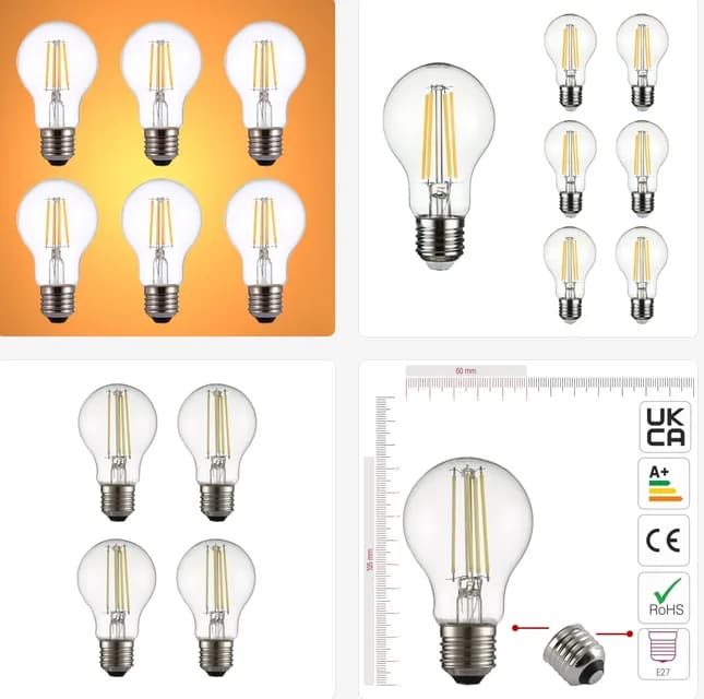 Edishine A60 LED Filament Bulbs 6 Pack. Dimmable 6.5W, 806lm, 2700K E27 Base.