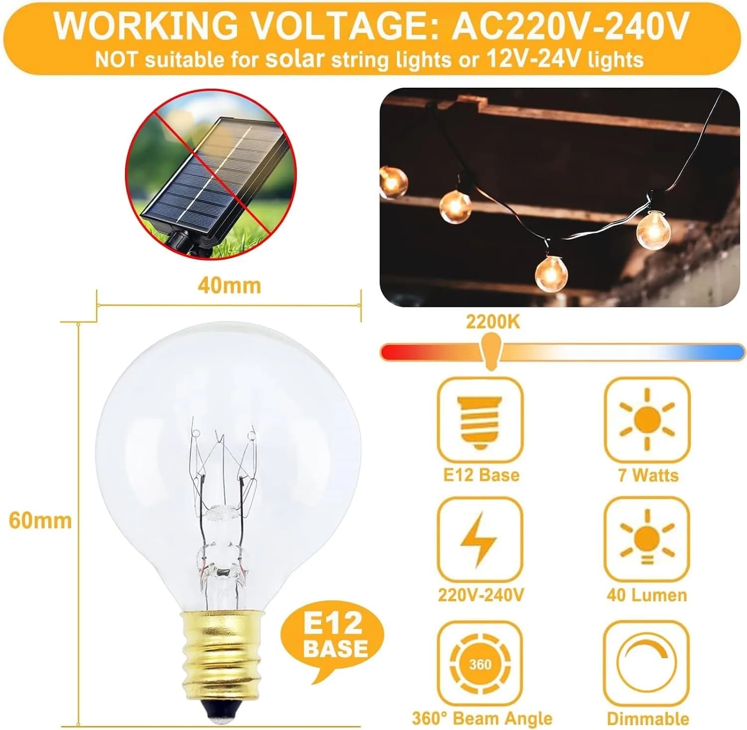 25-Pack G40 Replacement Bulbs, 7W G40 Globe Bulbs E12 Outdoor String Lights 230V
