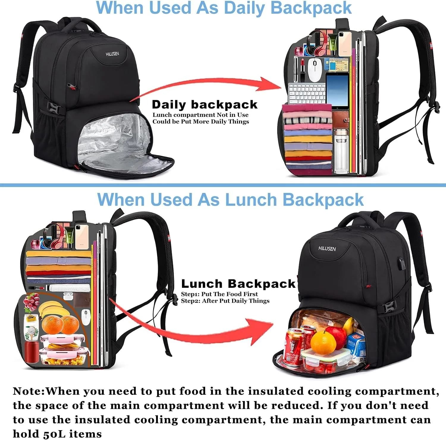 Extra Large Backpack 50L,Lunch Backpack Work Bag Travel Laptop USB Charging Por