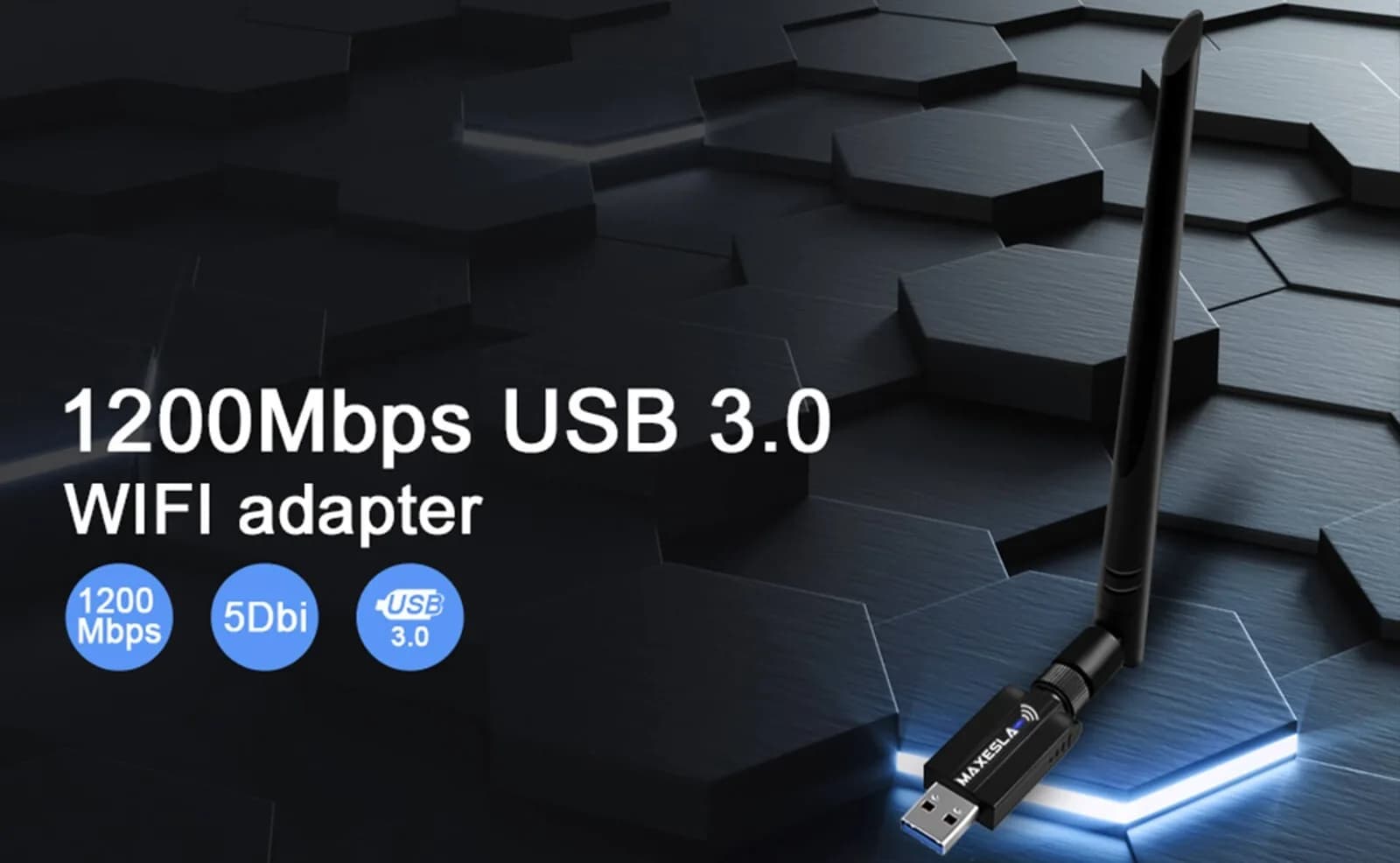 Maxesla 1200MBPS High Speed WIFI Adapter USB Dongle 5G High Gain Antenna Dual Ba
