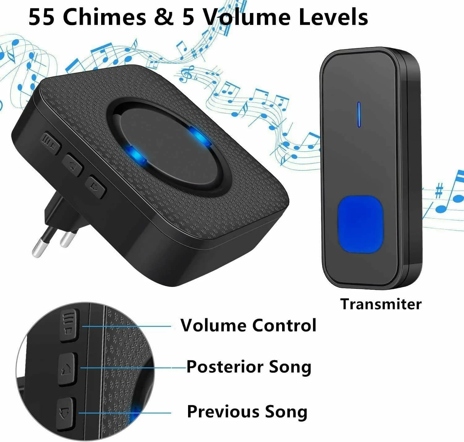 New Wireless Doorbell 1000ft Range with 55 Chimes, 5-Level Volume, LED IP55