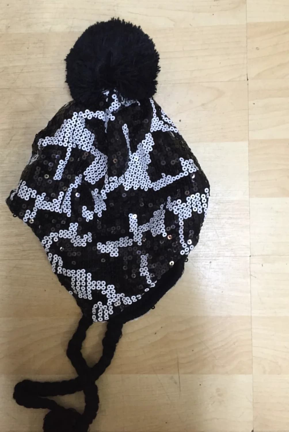 Womens glitter style flashy sparkle fun pom hat black white sequins flashy