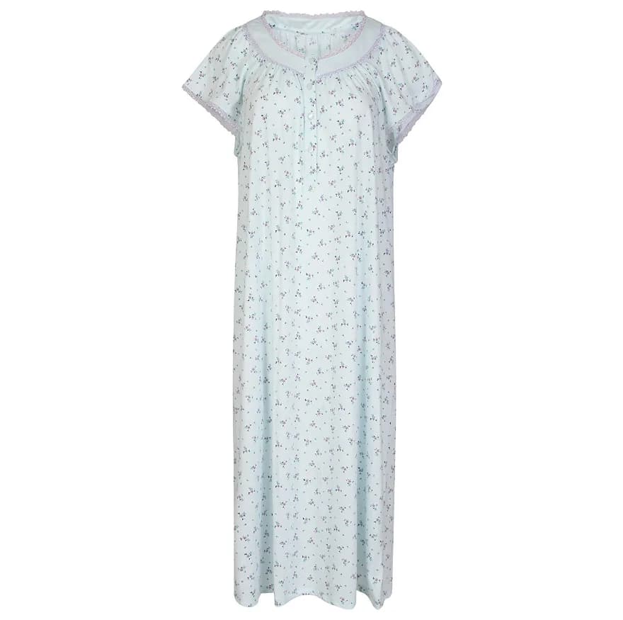 Ladies Famous Make Capped Sleeved Light Blue Nightdress with Lilac Flower Print