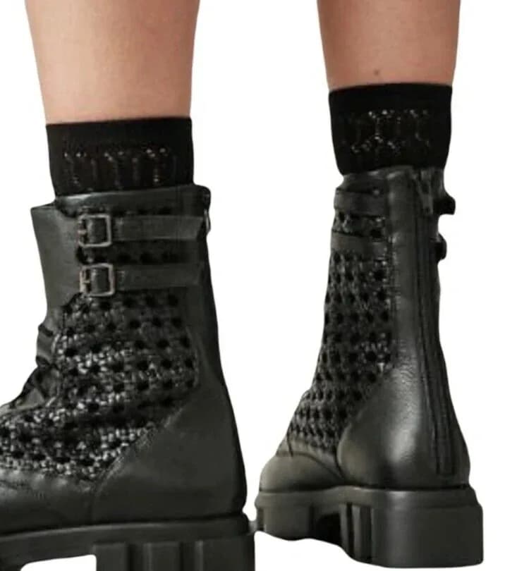 Free People Boots Asher Ankle Black Leather Weaved Side Combat Moto 39 /6 NEW