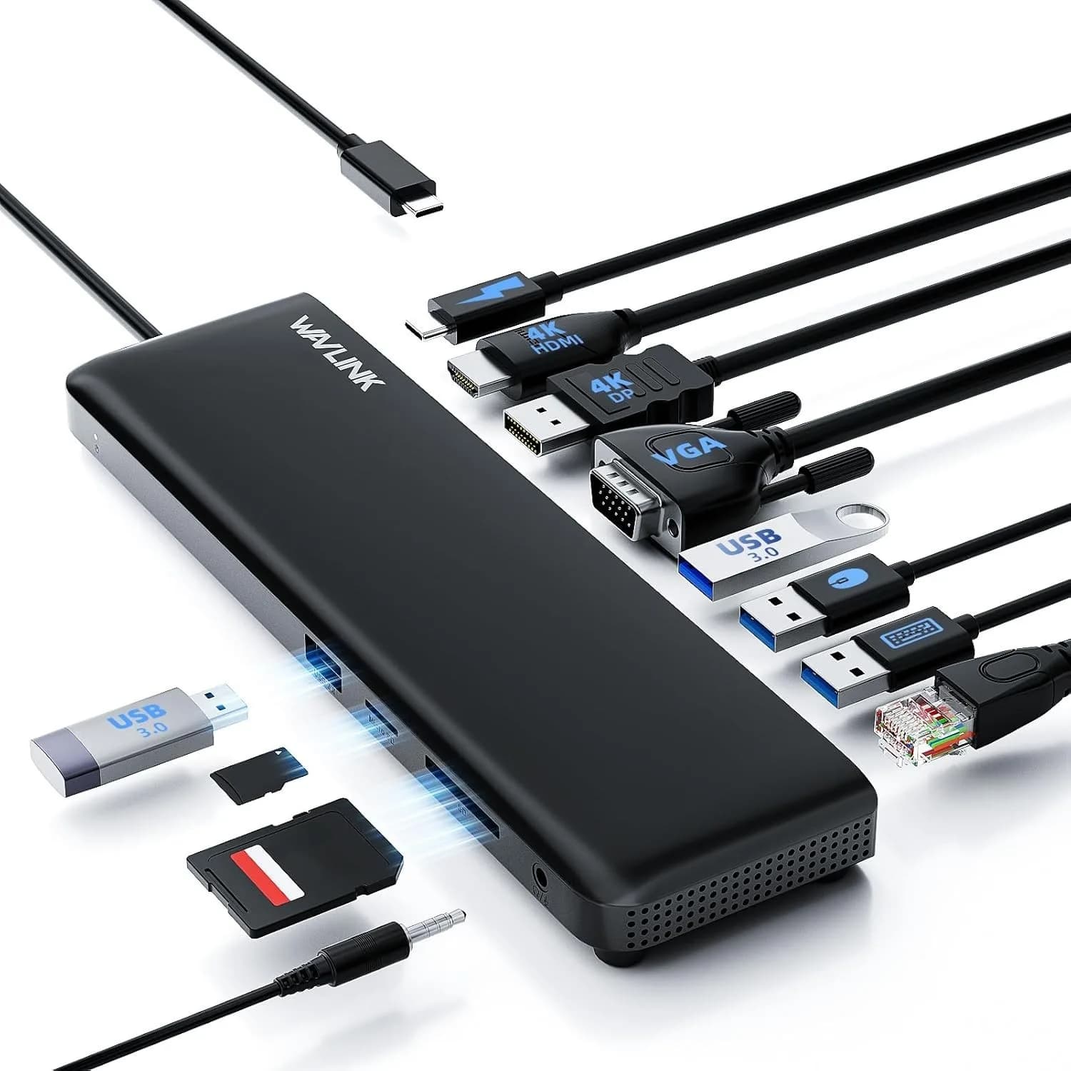 WAVLINK USB C Docking Station 3 Monitors, Docking Station with HDMI, DP, VGA, 10