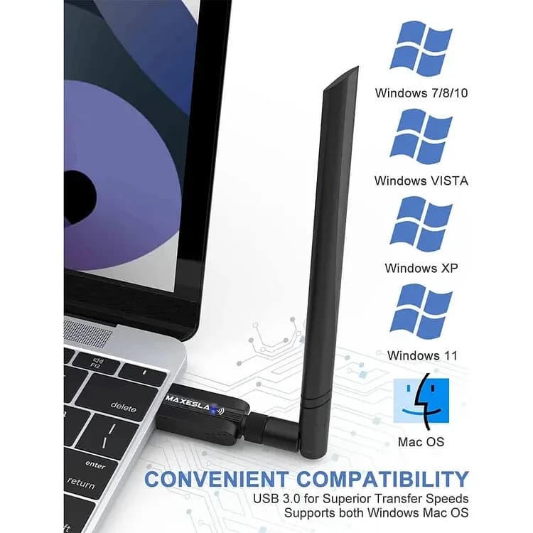 Maxesla 1200MBPS High Speed WIFI Adapter USB Dongle 5G High Gain Antenna Dual Ba