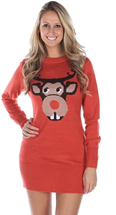Womens Red Tipsy Elves Ugly Xmas Christmas Bucktooth Rudolph Sweater Dress Large