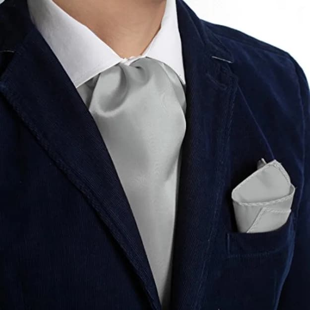 Men's Silver Plain Hankerchief & Ascot Tie By Dan Smith Gift