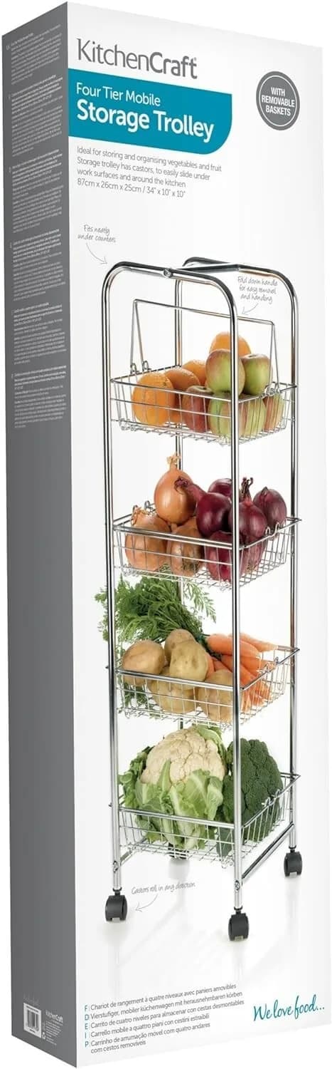 KitchenCraft Kitchen Trolley on Wheels with 4 Removable Vegetable Storage Basket